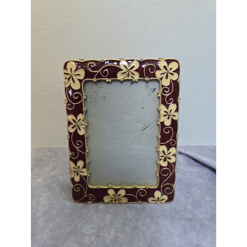 Vintage Enamel Floral Picture Frame Burgundy Gold Tone Ornate Tabletop 4x6